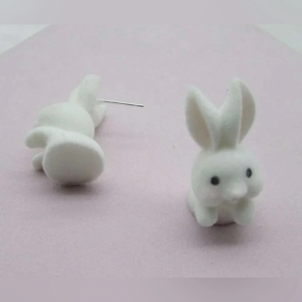 “Fuzzy Bunny” White Cutesy Kawaii Furry Fluffy Flocked Rabbit Easter Spring Stud